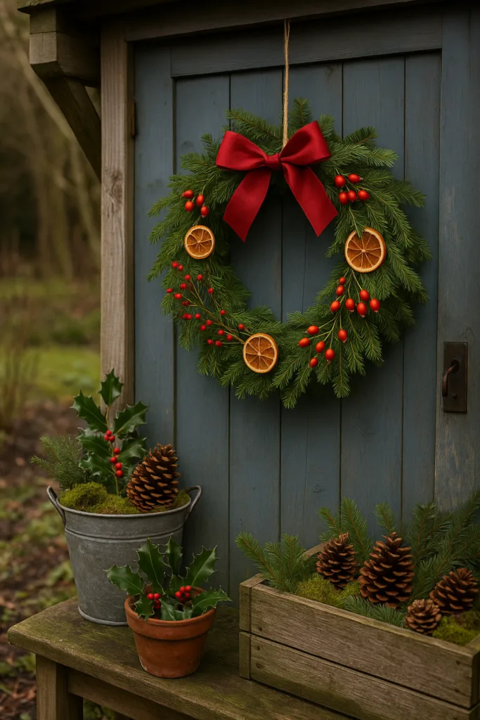 Weihnachtsdeko im Schrebergarten mit Kranz aus Tannenzweigen, Zapfen und Hagebutten