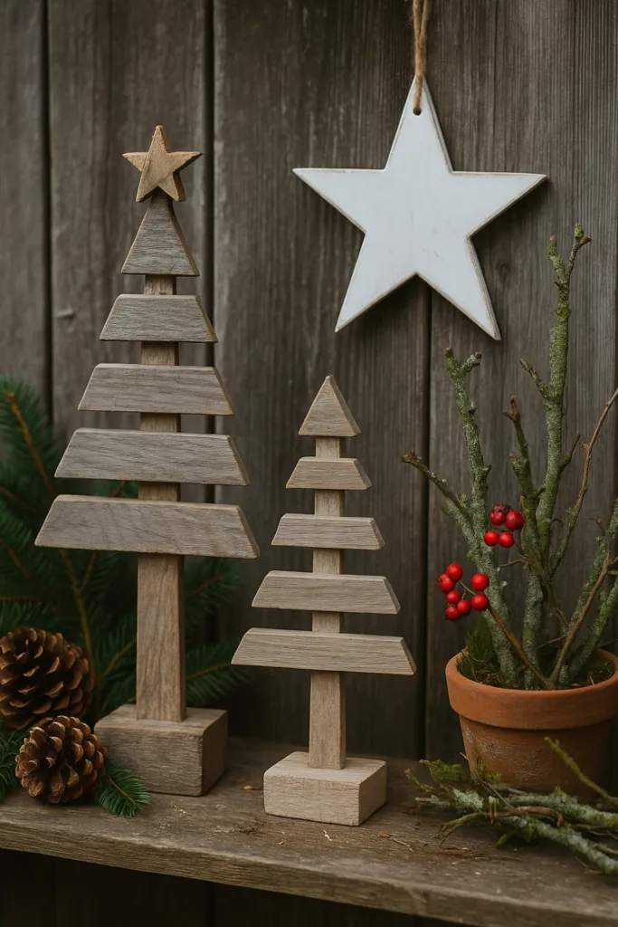 Holzdeko im Schrebergarten mit Stern, Zapfen und winterlicher Weihnachtsstimmung