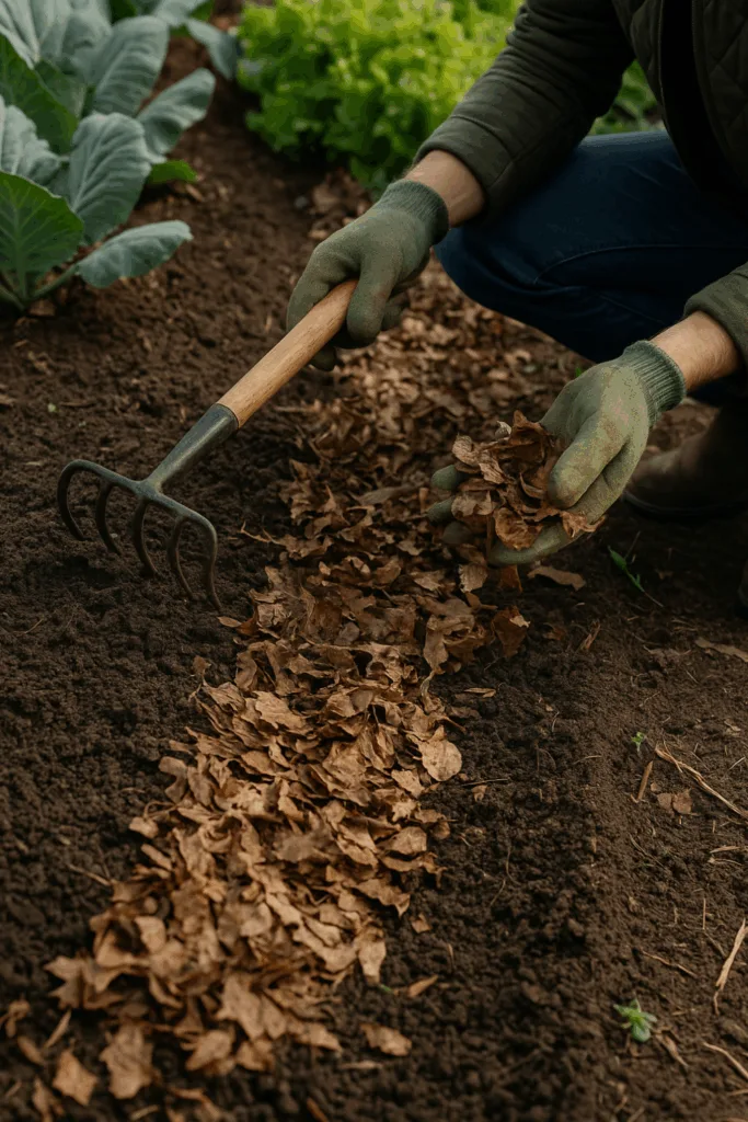Gärtner lockert im Dezember Beete auf und deckt sie mit Laub zum Schutz ab