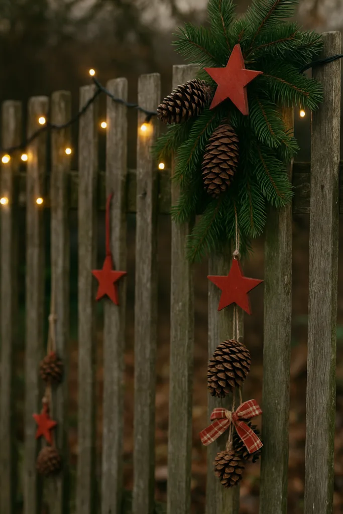 Weihnachtlich geschmückter Gartenzaun mit Lichterkette und Tannenzweigen im Schrebergarten