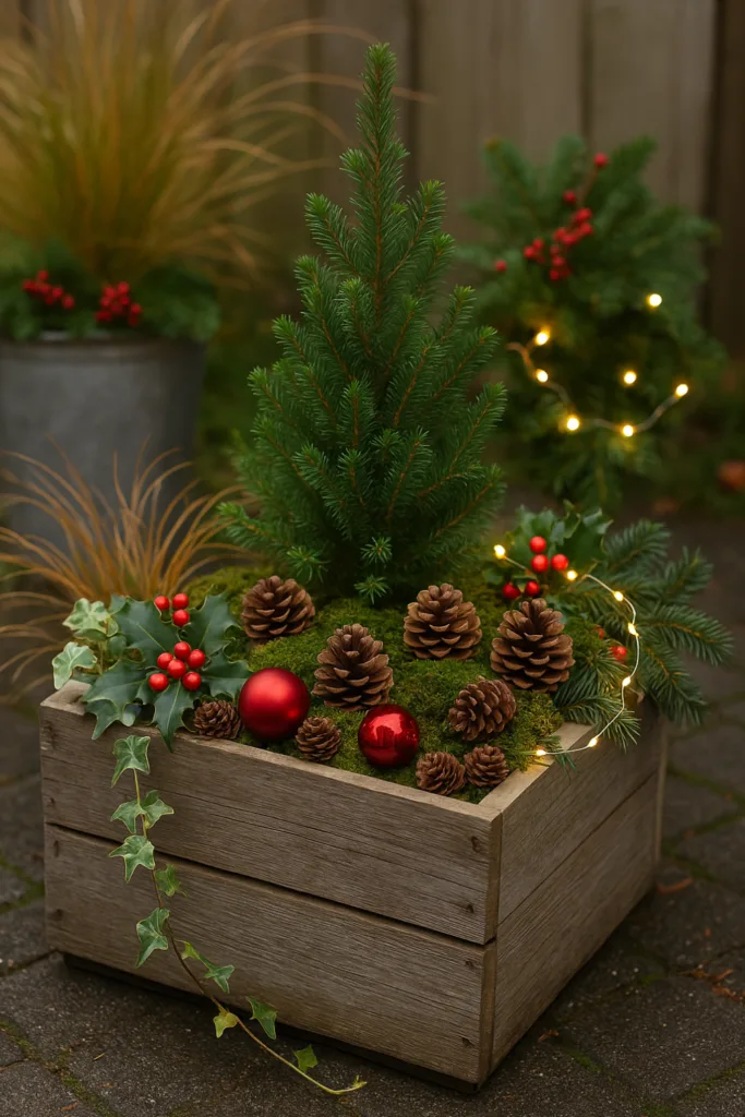 Festlich dekorierter Pflanzkübel mit Tannenzweigen und Zapfen im Schrebergarten