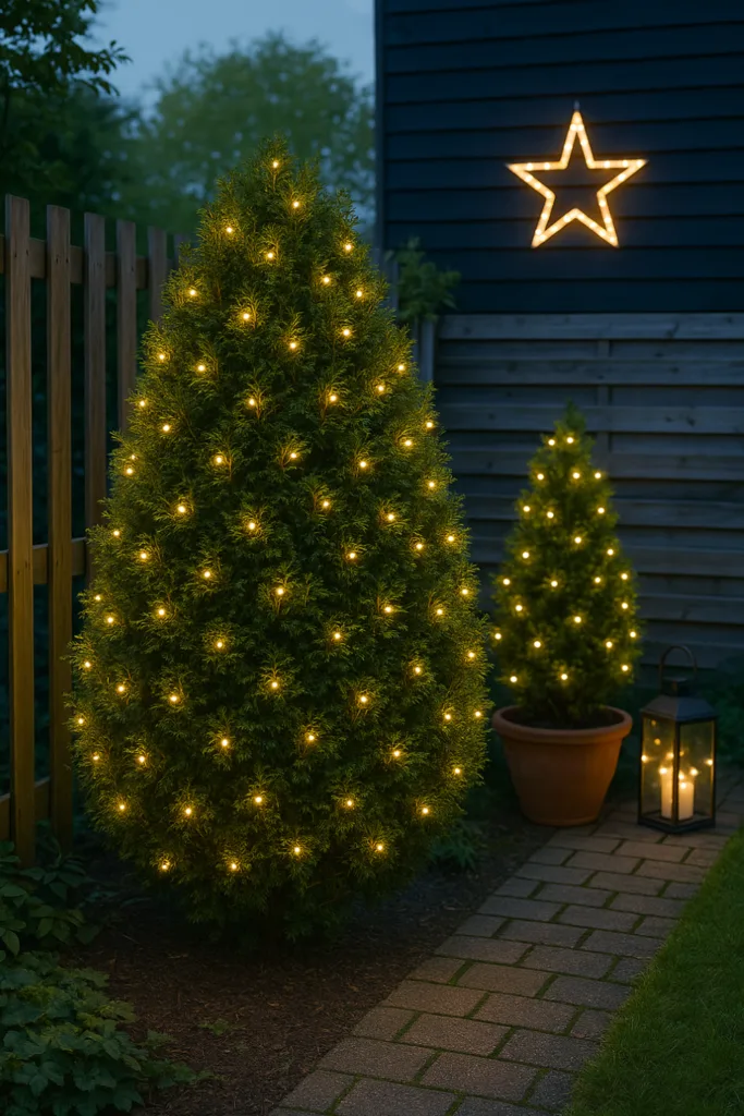 Reihenhausgarten mit beleuchteten Koniferen, Laterne und Stern aus Lichterkette im Winter