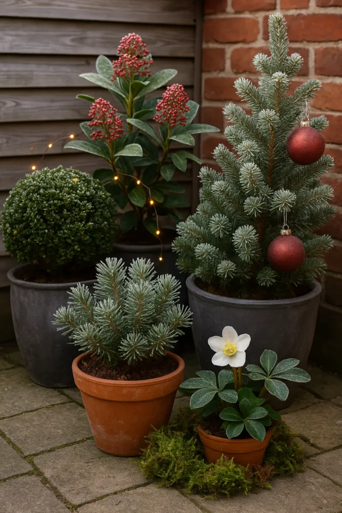 Immergrüne Pflanzen mit Lichterketten und Kugeln als Weihnachtsdeko im Reihenhausgarten