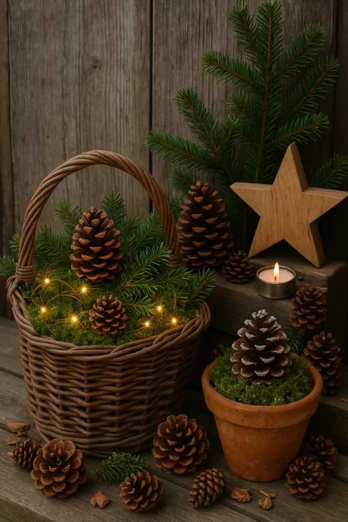 Weihnachtsdeko im Reihenhausgarten mit Holz, Moos, Tannenzapfen und Lichterkette