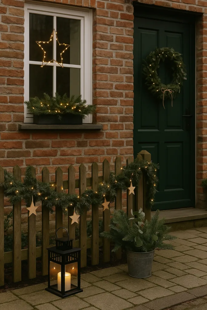 Weihnachtsdeko im Reihenhausgarten mit Kranz, Lichterkette und Laterne vor Haustür