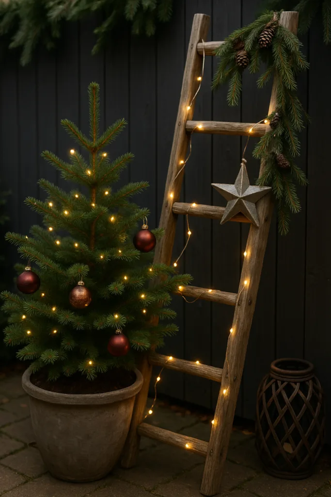Mini-Weihnachtsbaum und Holzleiter mit Lichterkette – Weihnachtsdeko im Reihenhausgarten