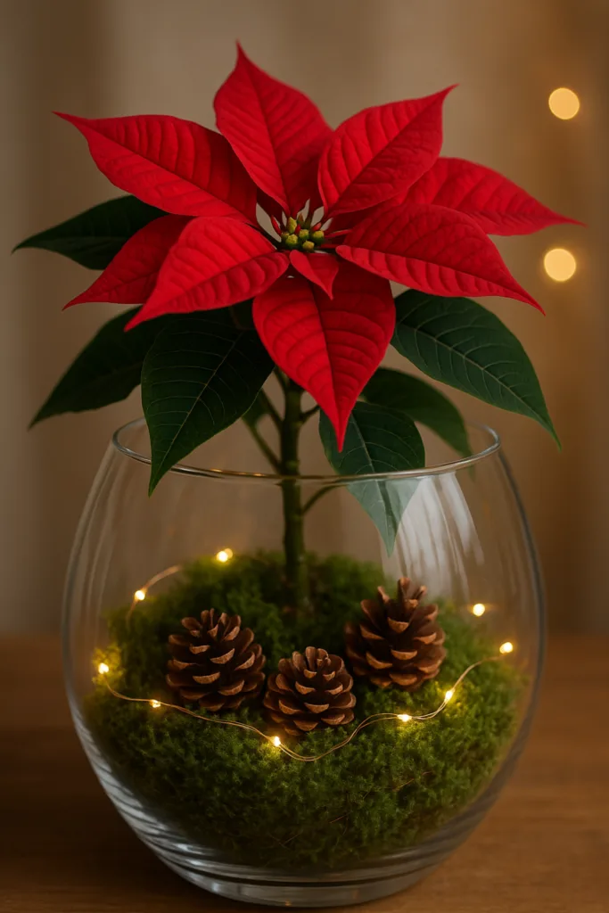 Weihnachtsstern Deko - 5 wunderschöne Ideen für drinnen und draußen Weihnachtsstern im Glas mit Moos, Zapfen und Lichterkette als festliche Deko
