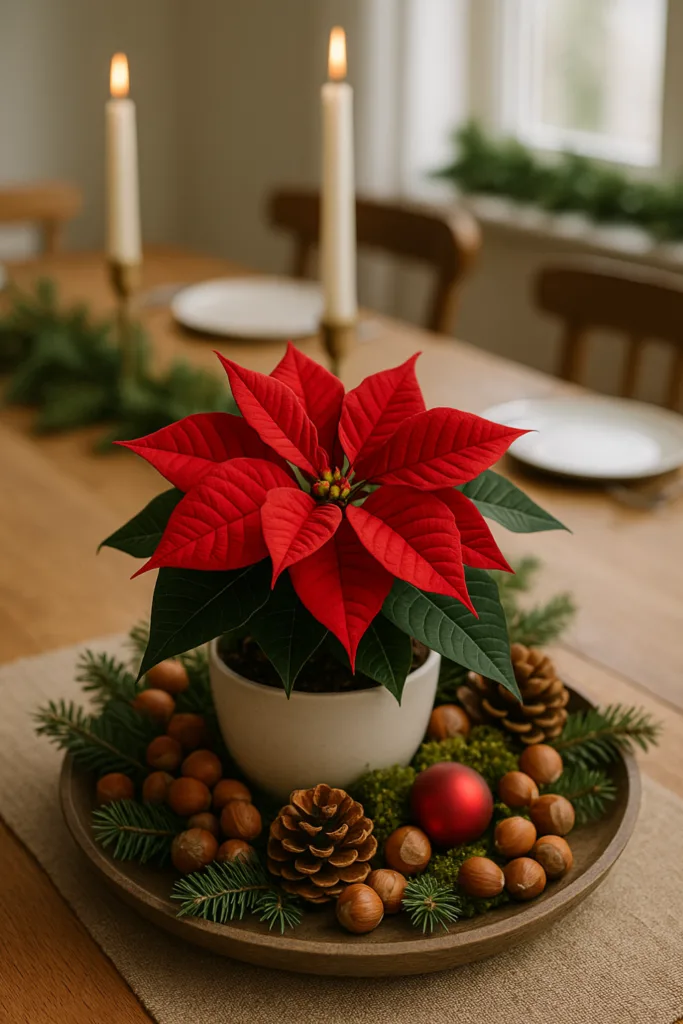 Weihnachtsstern Deko - 5 wunderschöne Ideen für drinnen und draußen Weihnachtsstern Deko auf festlich gedecktem Tisch mit Tannenzweigen, Nüssen und Kerzen