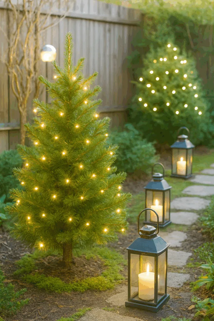 Kleiner Garten mit Weihnachtsbeleuchtung, Lichterkette und Laternen im Winter