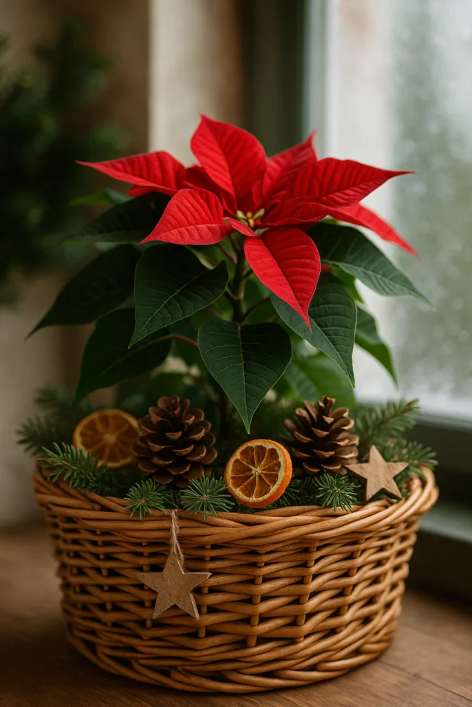 Weihnachtsstern Deko - 5 wunderschöne Ideen für drinnen und draußen Weihnachtsstern Deko im Korb mit Zapfen, Orangenscheiben und Tannenzweigen auf der Fensterbank