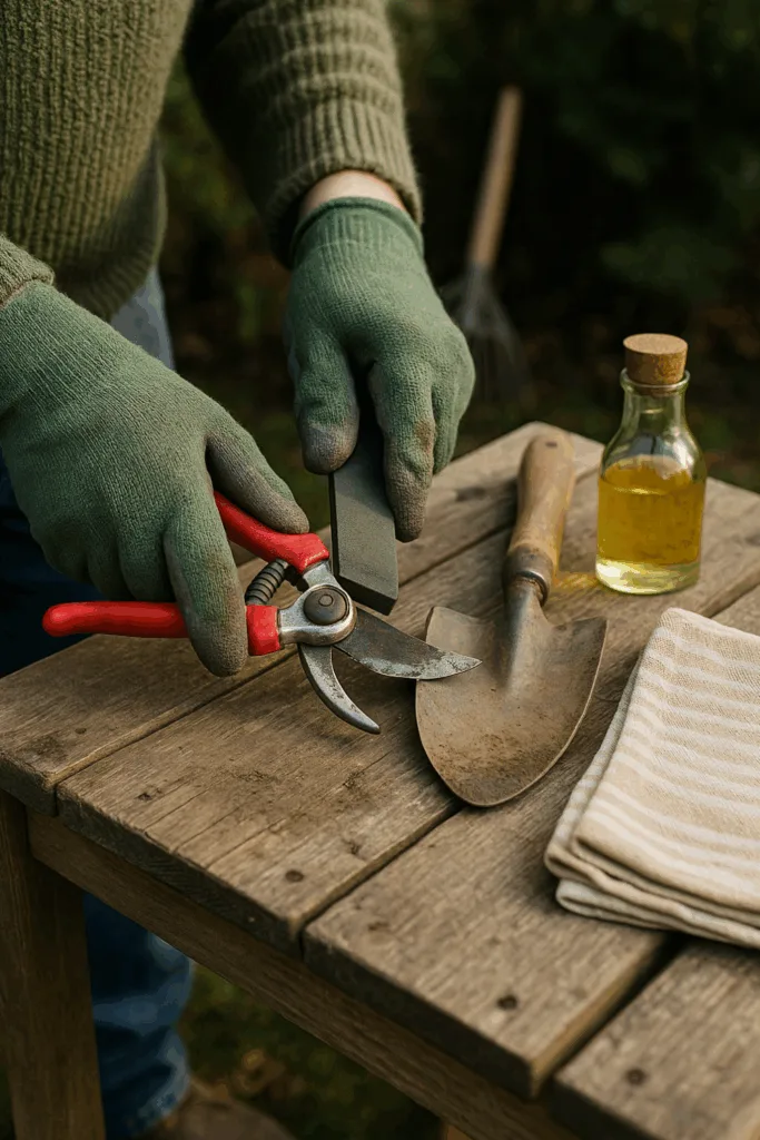 Gärtner schärft Gartenschere im Dezember – wichtige Gartenarbeit vor dem Winterabschluss