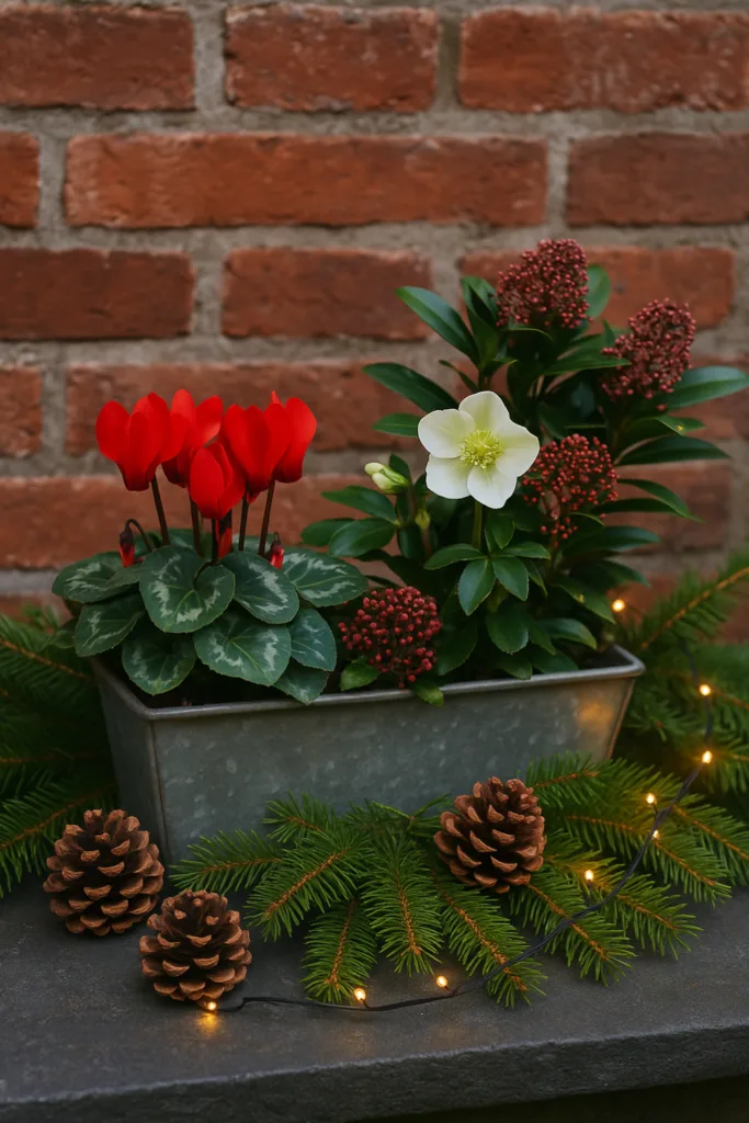 Weihnachtsstern Deko - 5 wunderschöne Ideen für drinnen und draußen Winterliche Weihnachtsstern-Deko Alternative mit Alpenveilchen, Christrose und Skimmie vor Backsteinwand