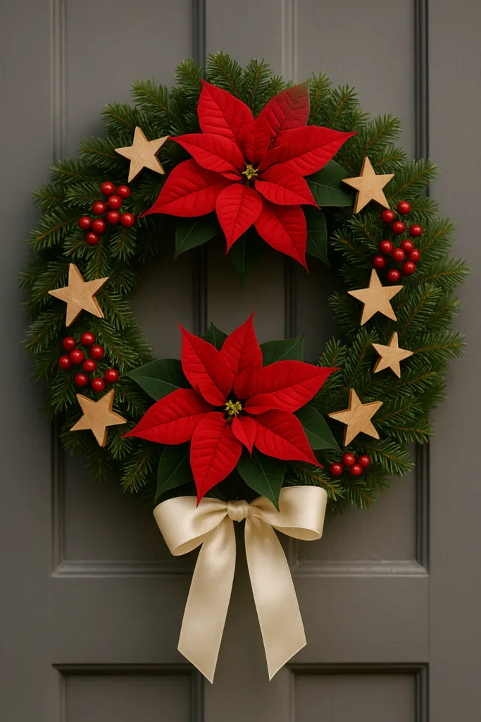 Weihnachtsstern Deko - 5 wunderschöne Ideen für drinnen und draußen Weihnachtsstern Deko Kranz mit roten Blüten, Tannenzweigen, Beeren und goldener Schleife an grauer Tür