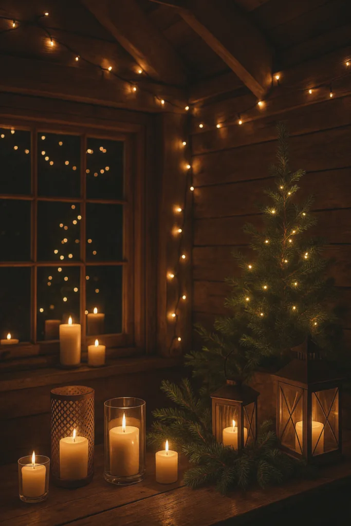 Silvesterdeko im Gartenhaus mit Kerzen, Lichterketten und winterlicher Atmosphäre