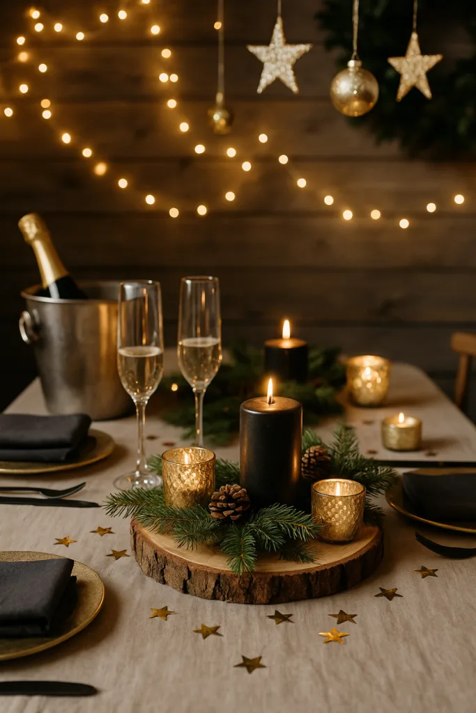 Festlich gedeckter Tisch mit goldener Silvesterdeko im Gartenhaus bei Kerzenschein