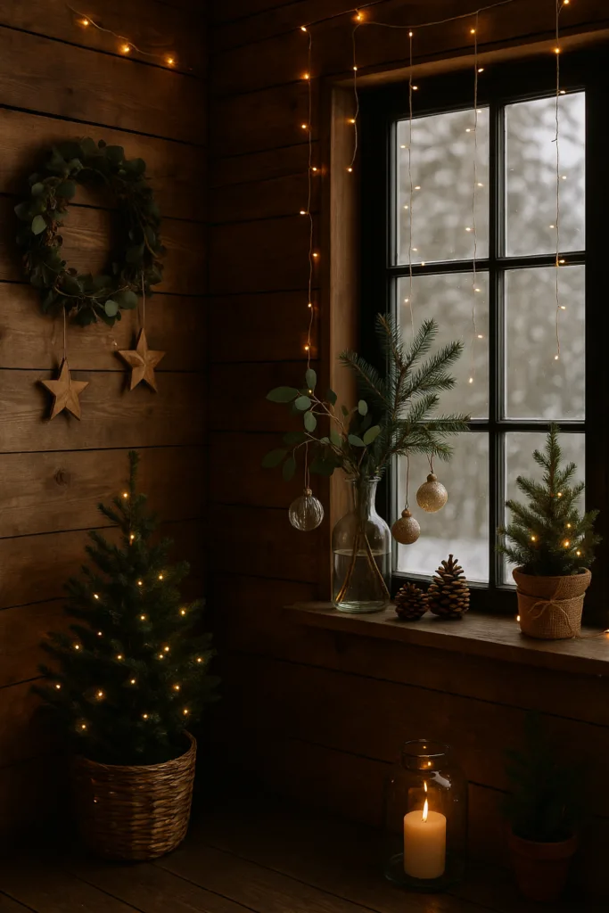 Festlich beleuchtetes Gartenhaus mit Lichterketten, Zweigen und Silvesterdeko