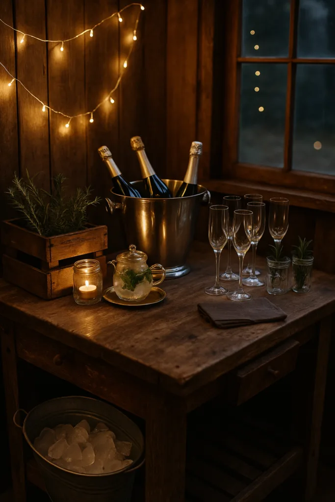 Stimmungsvolle Silvesterdeko im Gartenhaus mit Getränkestation, Lichterkette und Gläsern