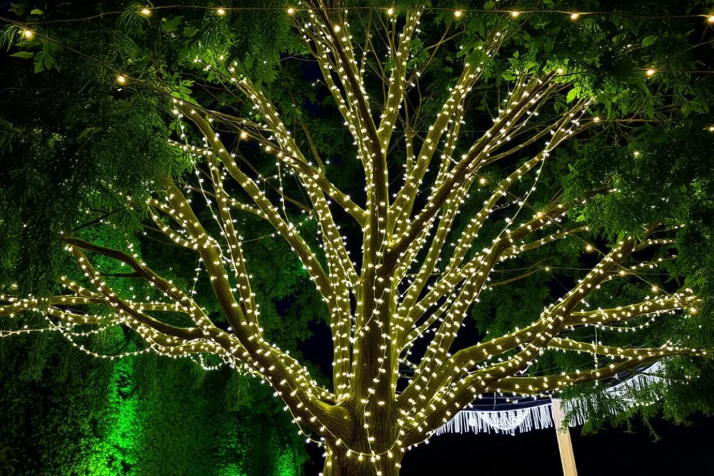 Großer Baum mit unzähligen warmweißen Lichterketten, die im Dunkeln eine festliche und gemütliche Atmosphäre erzeugen.