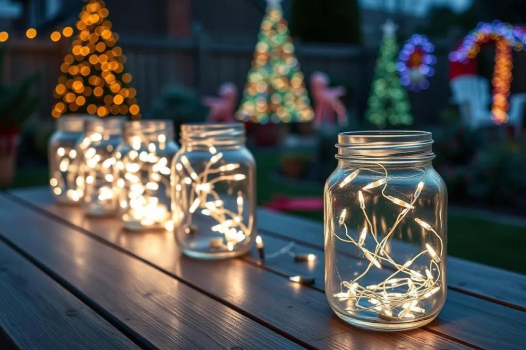 Mehrere Gläser mit warmweißen Lichterketten stehen auf einem Holztisch und schaffen eine stimmungsvolle Gartendekoration.