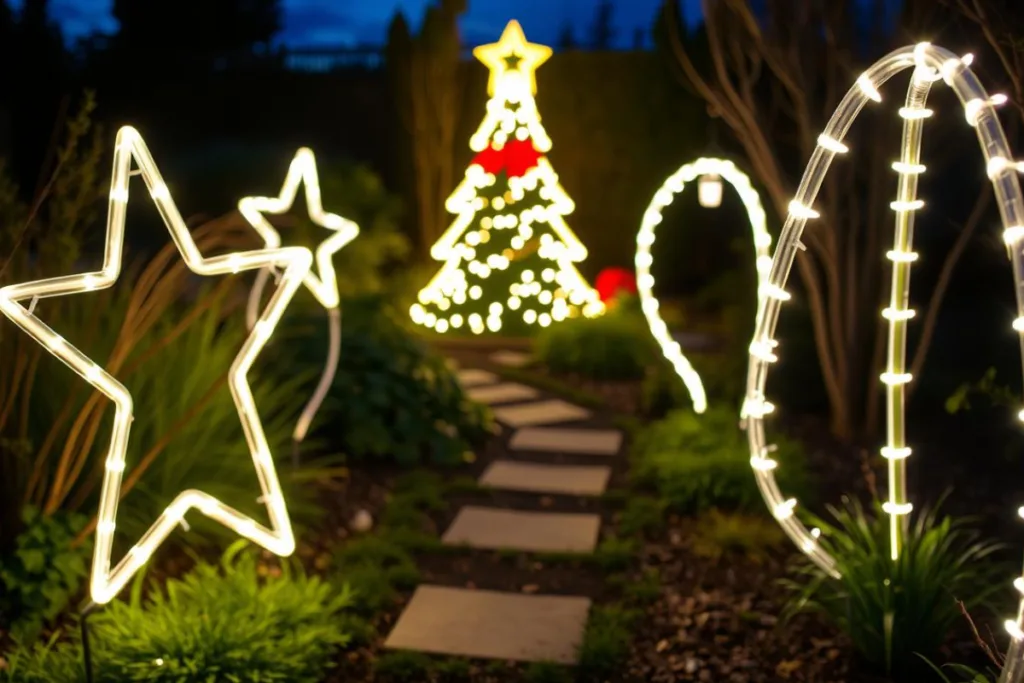 Beleuchtete Sterne, Bögen und ein Weihnachtsbaum aus Lichtern schmücken einen Gartenweg und erzeugen festliche Atmosphäre.