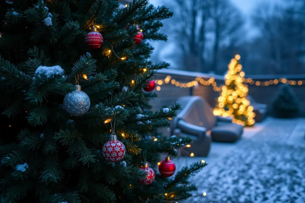 Nahaufnahme eines geschmückten Weihnachtsbaums mit Kugeln und Lichtern, im Hintergrund weitere beleuchtete Garten-Deko im Schnee.