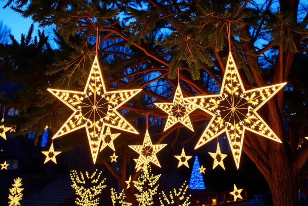 Mehrere große und kleine beleuchtete Stern-Dekorationen hängen im Baum und erhellen den Garten in warmem Licht.