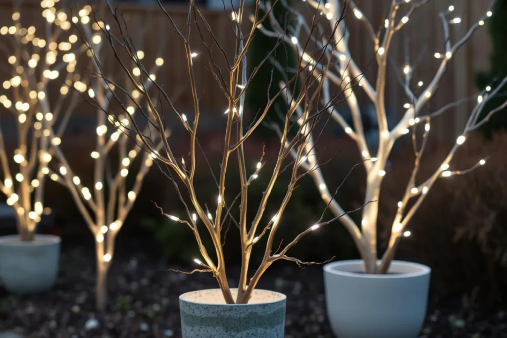 Mehrere beleuchtete künstliche Bäume in Pflanzkübeln stehen im Garten und sorgen für warme, dekorative Beleuchtung.