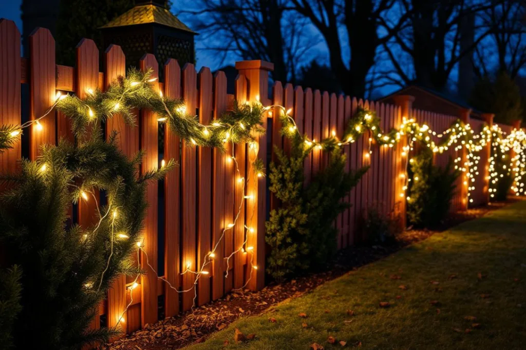 Ein Gartenzaun ist mit warmweißen Lichterketten und Tannengirlanden geschmückt und leuchtet im Abendlicht.