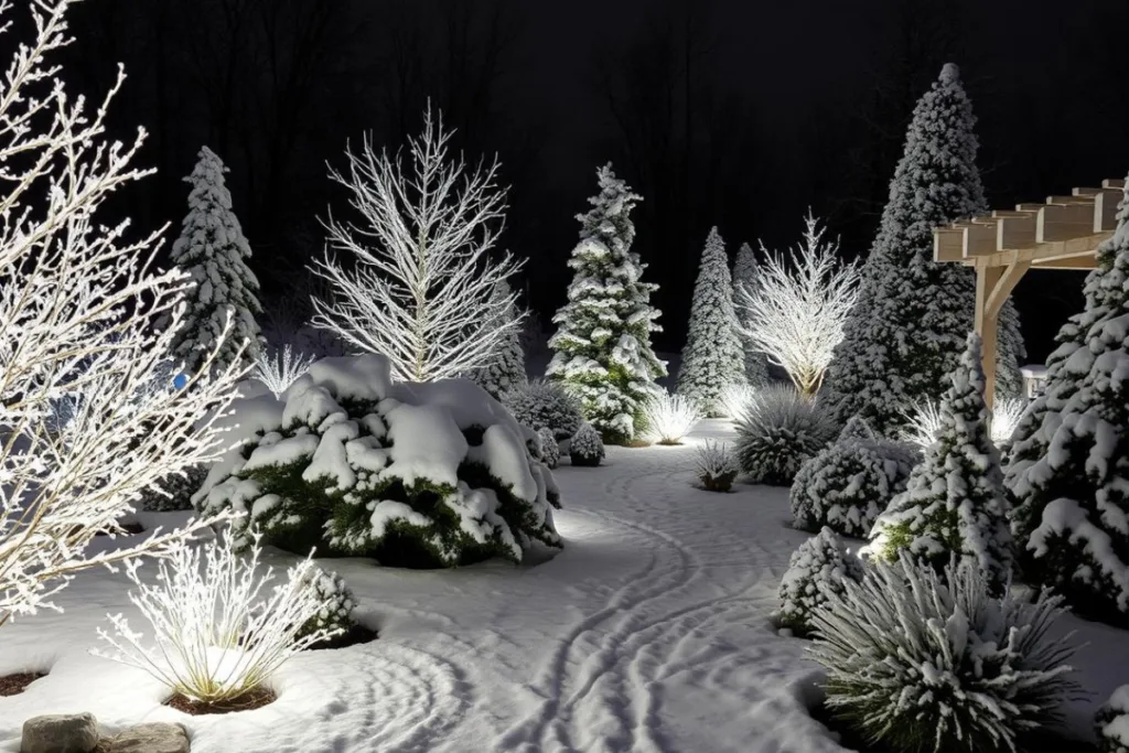 Verschneiter Garten mit beleuchteten Bäumen und Sträuchern, deren Licht den Schnee hell anstrahlt und eine ruhige Winterstimmung erzeugt.