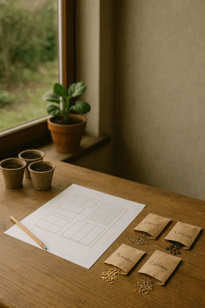Gartenplanung im Dezember mit gezeichnetem Beetplan, Samentütchen und Pflanzvorbereitung