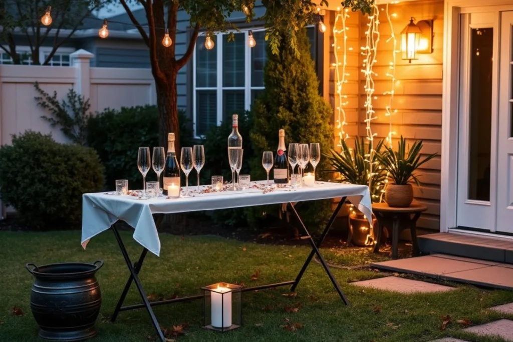 Silvesterdeko für den Vorgarten - 7 kreative Ideen mit Wow-Effekt Festlich gedeckter Tisch mit Sektgläsern und Lichterkette im winterlichen Vorgarten