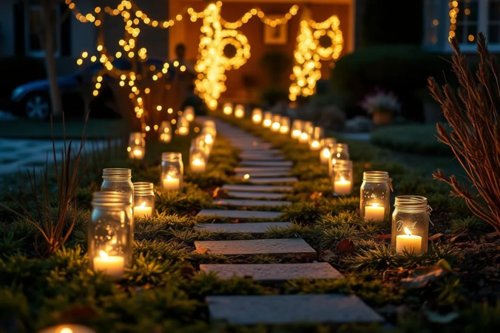 Silvesterdeko für den Vorgarten - 7 kreative Ideen mit Wow-Effekt Gartenweg mit Kerzen in Gläsern und Lichterketten als stimmungsvolle Silvesterdeko
