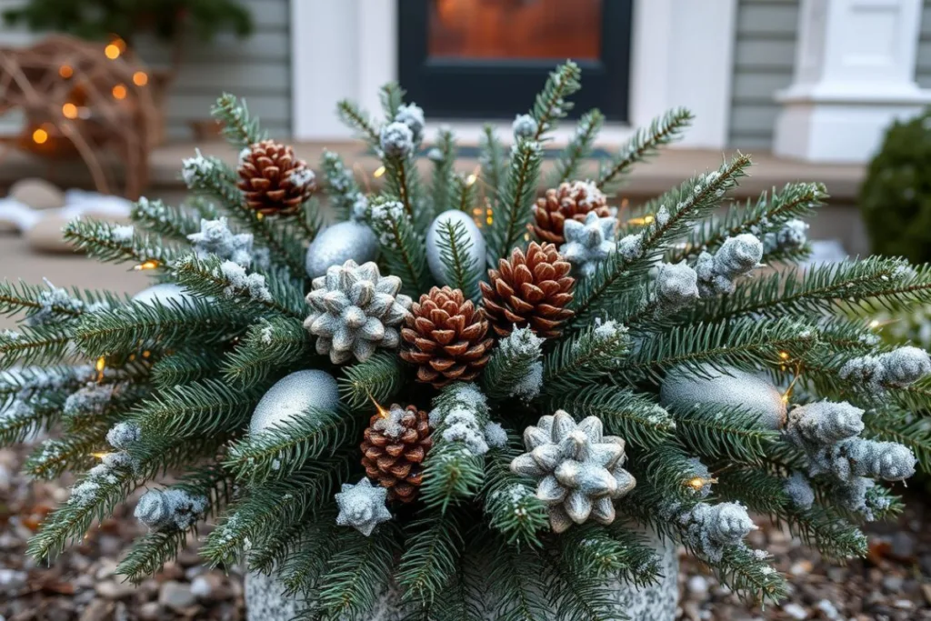 Silvesterdeko für den Vorgarten - 7 kreative Ideen mit Wow-Effekt Nahaufnahme einer Pflanzschale mit Tannenzweigen, Zapfen und silberner Deko im Vorgarten