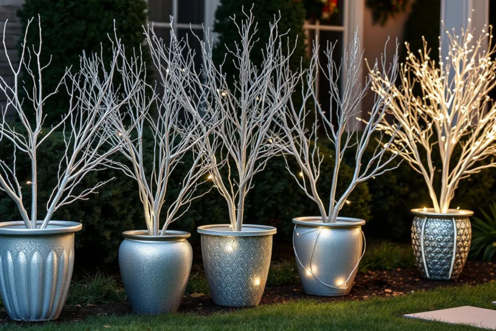 Silvesterdeko für den Vorgarten - 7 kreative Ideen mit Wow-Effekt Silberne Töpfe mit beleuchteten Ästen als moderne Silvesterdeko im Vorgarten