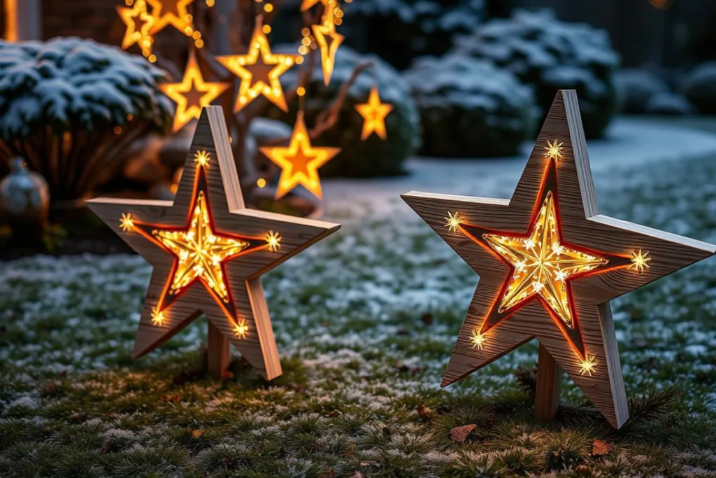 Silvesterdeko für den Vorgarten - 7 kreative Ideen mit Wow-Effekt Leuchtende Sterne im verschneiten Vorgarten als stimmungsvolle Silvesterdeko