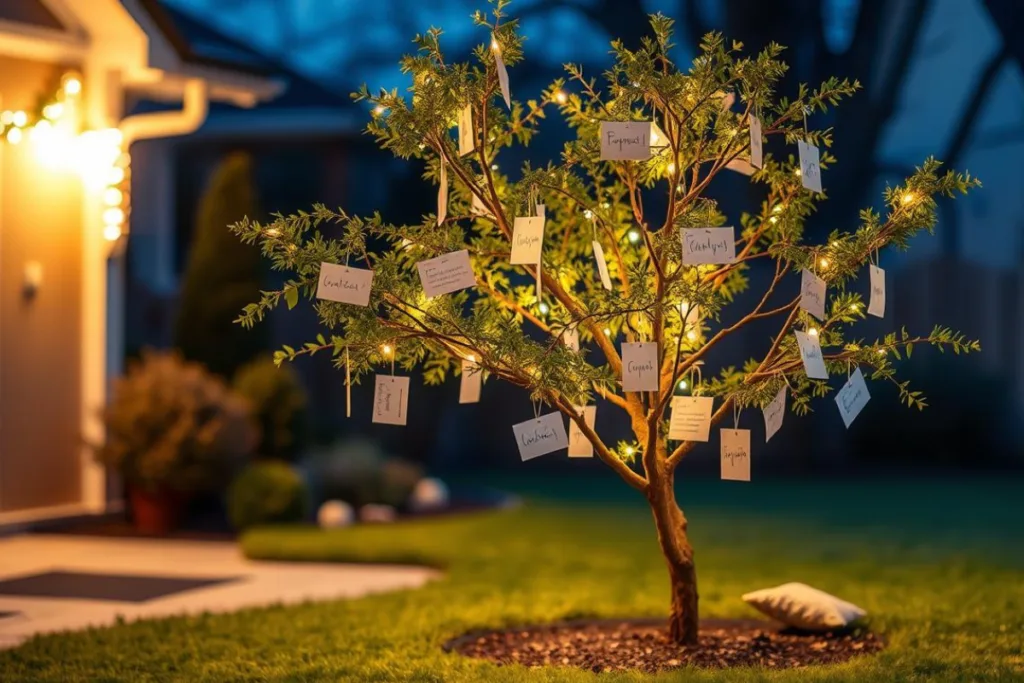 Silvesterdeko für den Vorgarten - 7 kreative Ideen mit Wow-Effekt Beleuchteter Baum im Garten mit angehängten Wunschkarten zu Silvester
