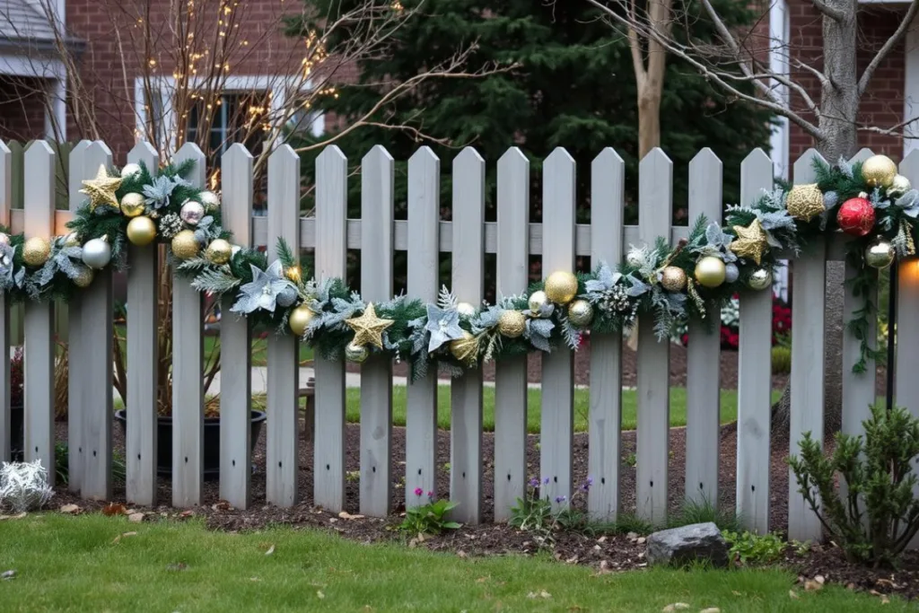 Silvesterdeko für den Vorgarten - 7 kreative Ideen mit Wow-Effekt Holzzaun mit Girlande aus Kugeln, Sternen und Tannengrün im winterlichen Vorgarten