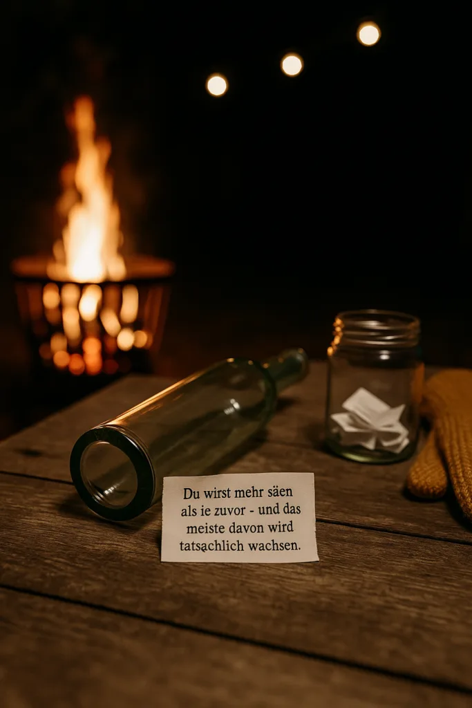 Silvesterparty im Garten - 5 Spielideen für einen unvergesslichen Jahreswechsel Flaschen-Orakel auf Holztisch bei Silvesterparty im Garten mit Feuerkorb und Licht