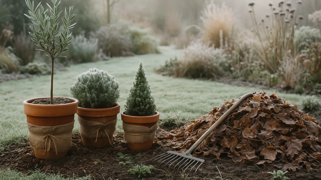 Frostiger Garten im Dezember mit Laubhaufen, Kübelpflanzen und liegender Harke