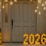 Silvesterdeko Hauseingang mit leuchtenden Sternen, goldenen Flaschen und 2026-Zahlen
