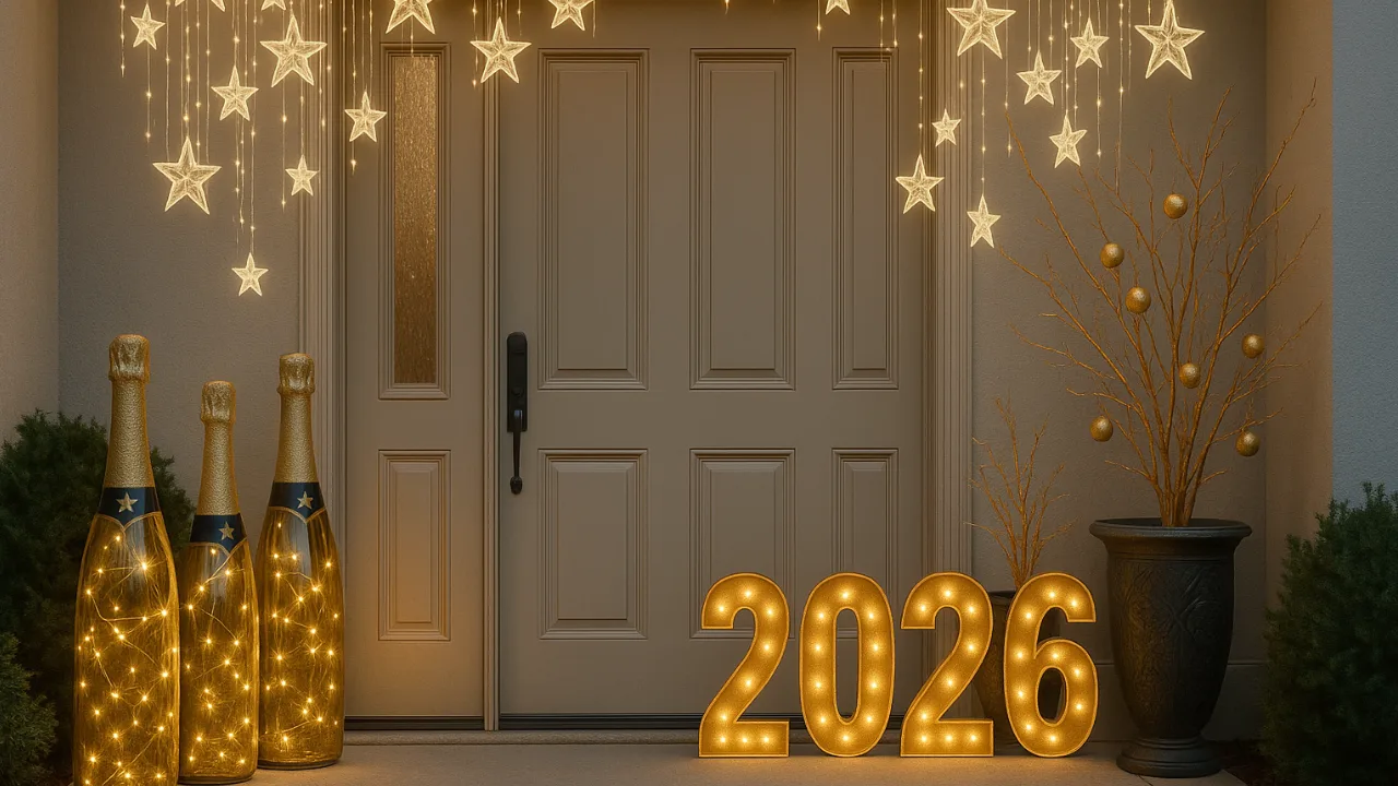 Silvesterdeko Hauseingang mit leuchtenden Sternen, goldenen Flaschen und 2026-Zahlen