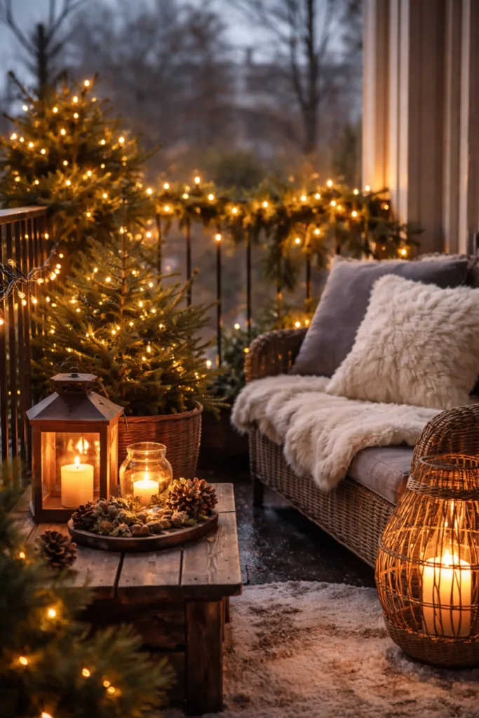 Winterdeko auf Balkon mit Lichterkette, Laternen und Tannenzweigen für Gemütlichkeit