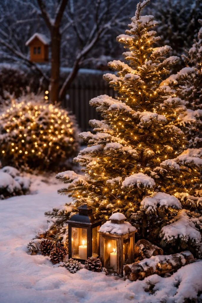 Kahl war gestern: 5 Winterdeko-Ideen für Bäume & Sträucher Beleuchteter Baum im winterlichen Garten mit Lichterkette und Schnee