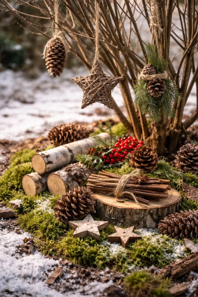 Kahl war gestern: 5 Winterdeko-Ideen für Bäume & Sträucher Winterdeko mit Zapfen, Holz und Moos unter Strauch im Garten