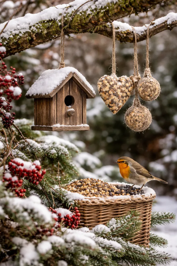 Kahl war gestern: 5 Winterdeko-Ideen für Bäume & Sträucher Vogelhaus und Meisenknödel als Winterdeko für Bäume und Sträucher im Garten
