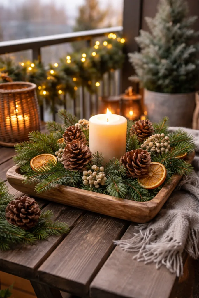 Rustikale Winterdeko mit Kerze, Tannenzapfen und Zweigen auf gemütlichem Balkon