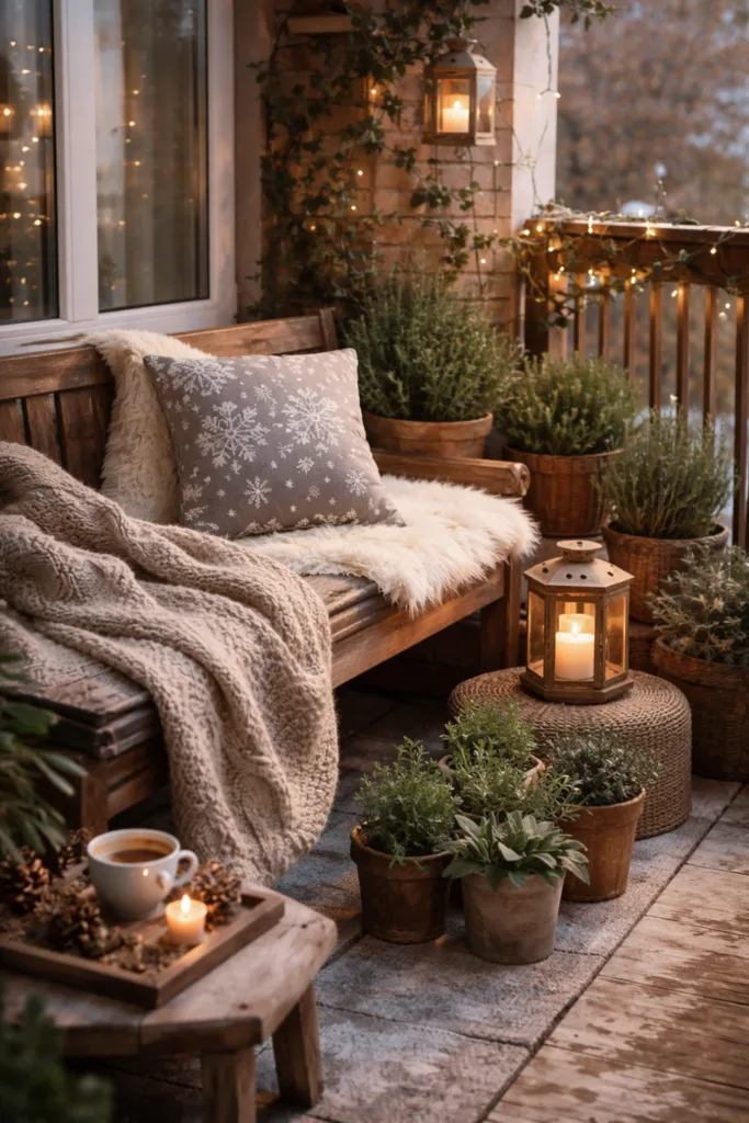 Winterdeko auf Balkon mit Laternen, Pflanzen und Decke für gemütliche Atmosphäre