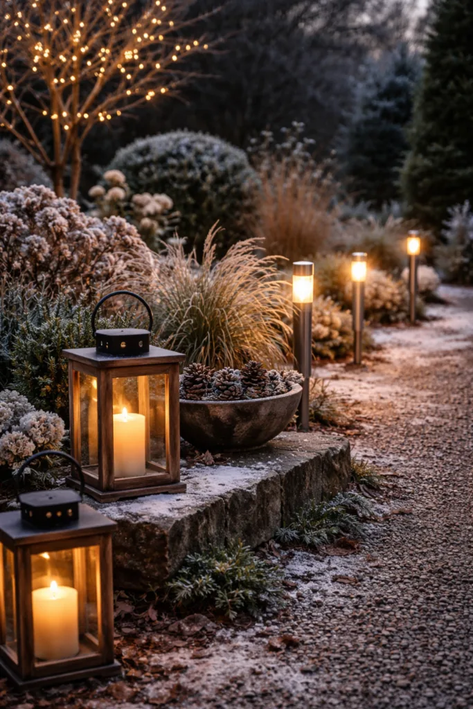 Moderner Garten im Winter - 5 schöne Deko-Ideen ohne Kitsch Moderner Garten im Winter mit warmem Licht und natürlichen Laternen