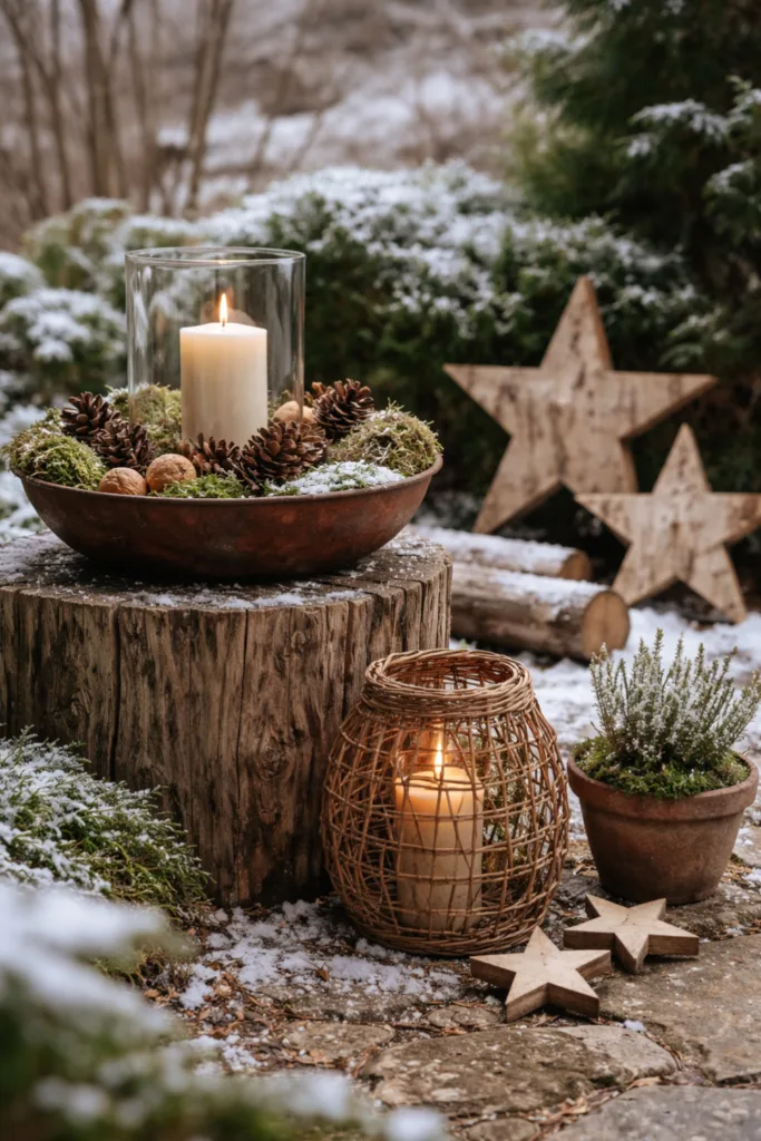 Moderner Garten im Winter - 5 schöne Deko-Ideen ohne Kitsch Moderne Winterdeko im Garten mit Holzsternen, Metall, Moos und Kerzen