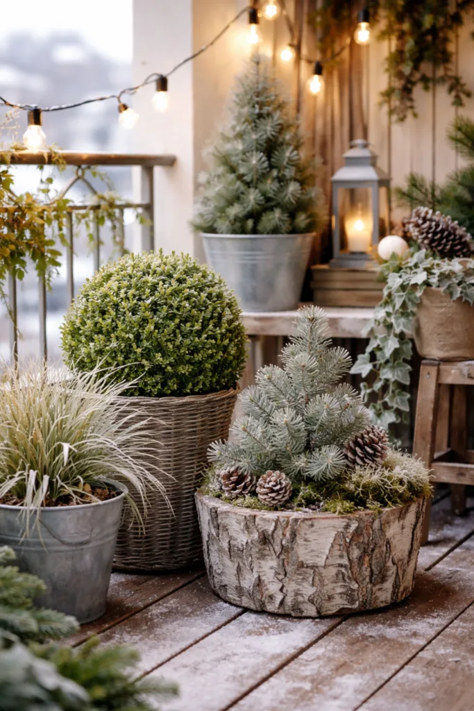 Winterdeko Balkon mit immergrünen Pflanzen, Lichterkette und natürlichen Materialien